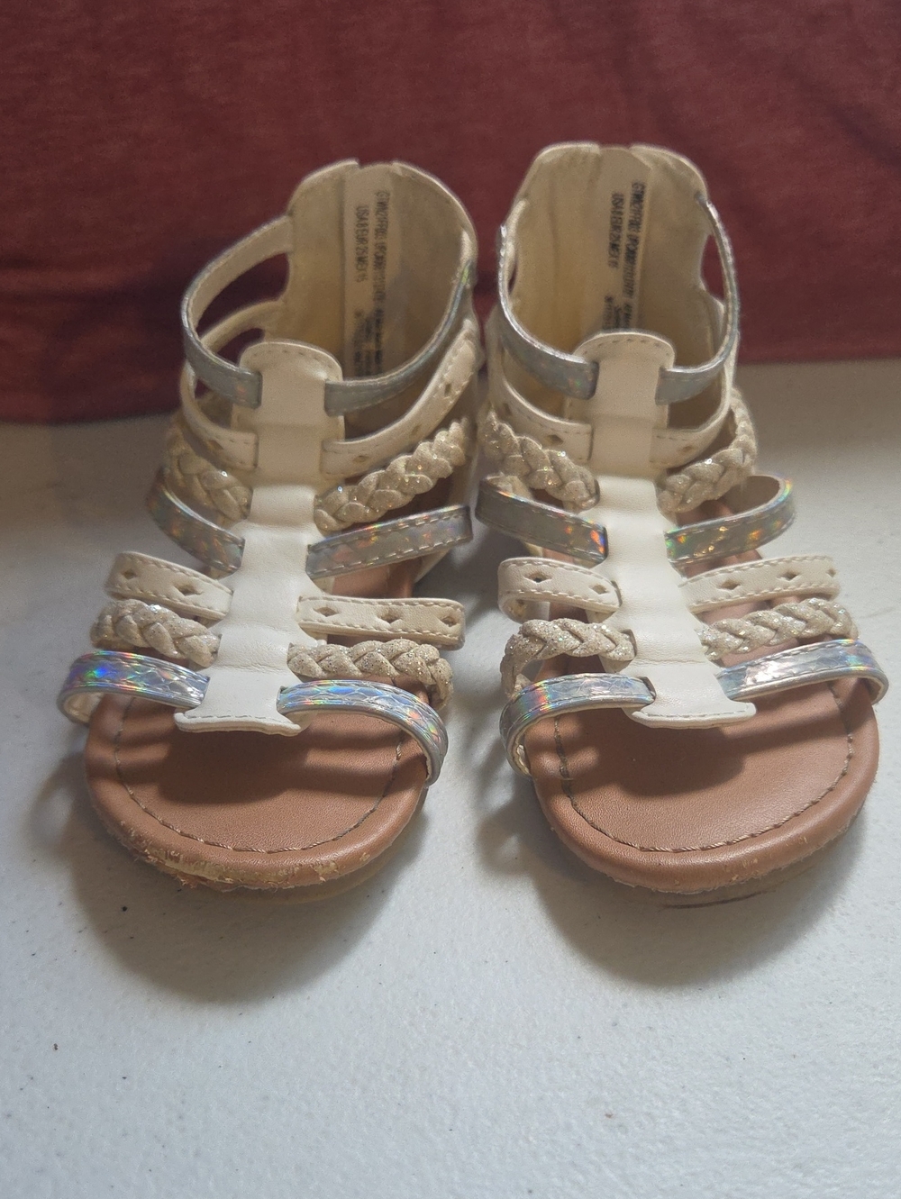Cream Braided Gladiator Sandals with Iridescent Straps